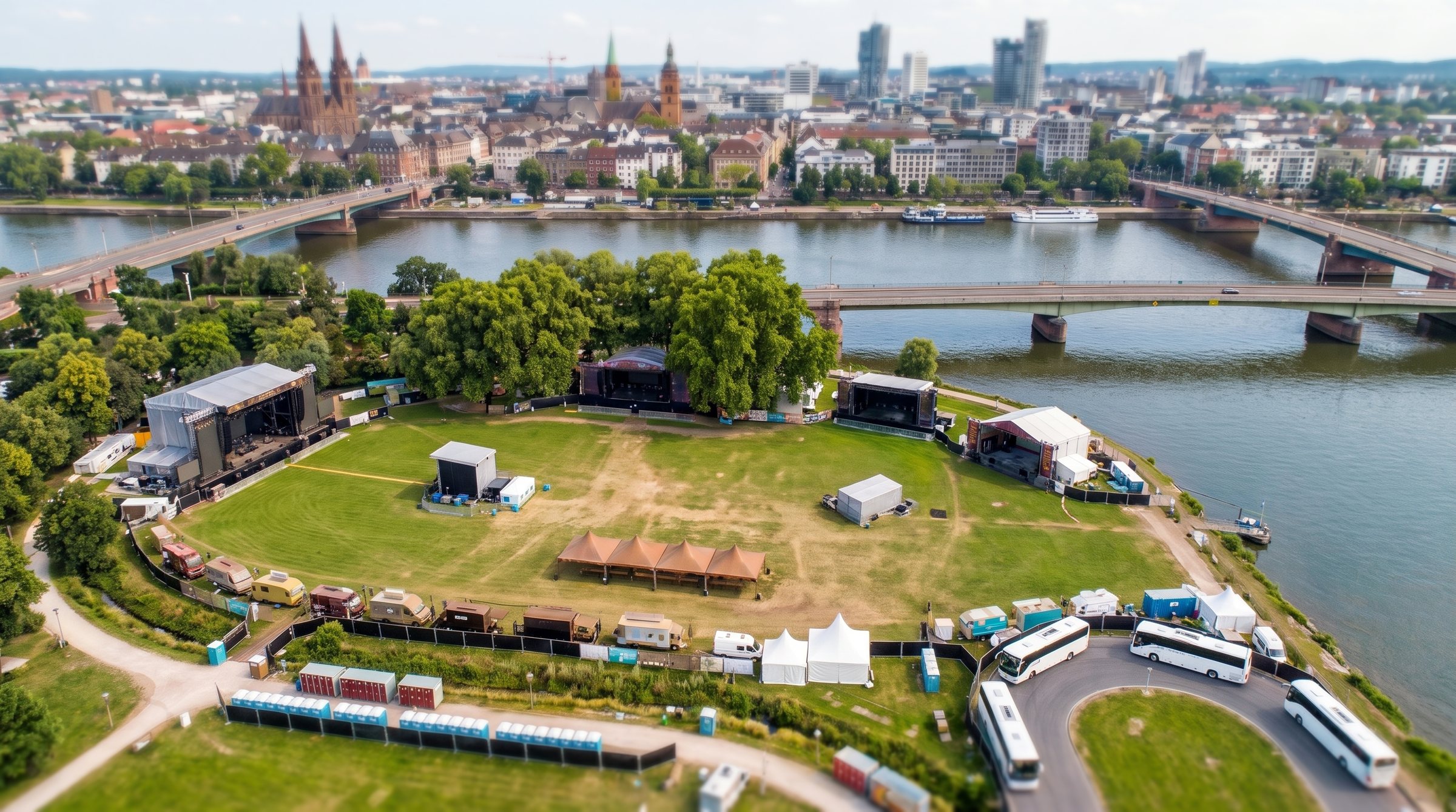 A riverside city park from above at midday: the festival grounds completely empty, stages dark, buses parked by the gate